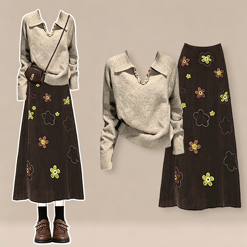  Vintage Elegant Knit Top Floral Print Skirt Two Pieces Set - Set - 4XL - image 1