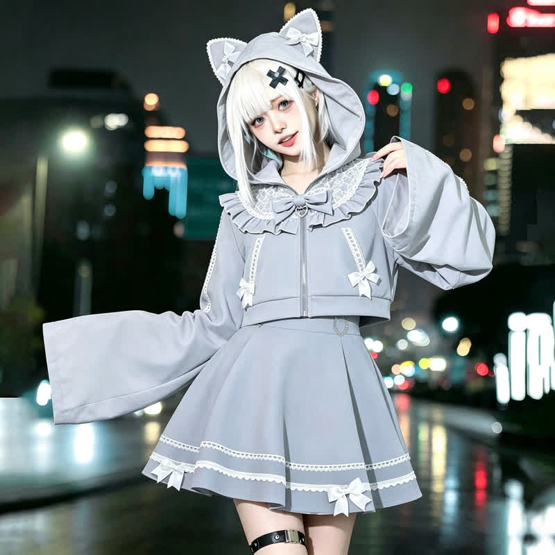 Cute Cat Ear Bow Decorated Top High Waist Flared Skirt Two Pieces Set - Blue - L - image 1