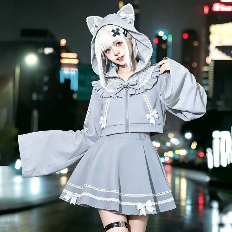 Cute Cat Ear Bow Decorated Top High Waist Flared Skirt Two Pieces Set - Blue - L - image 1