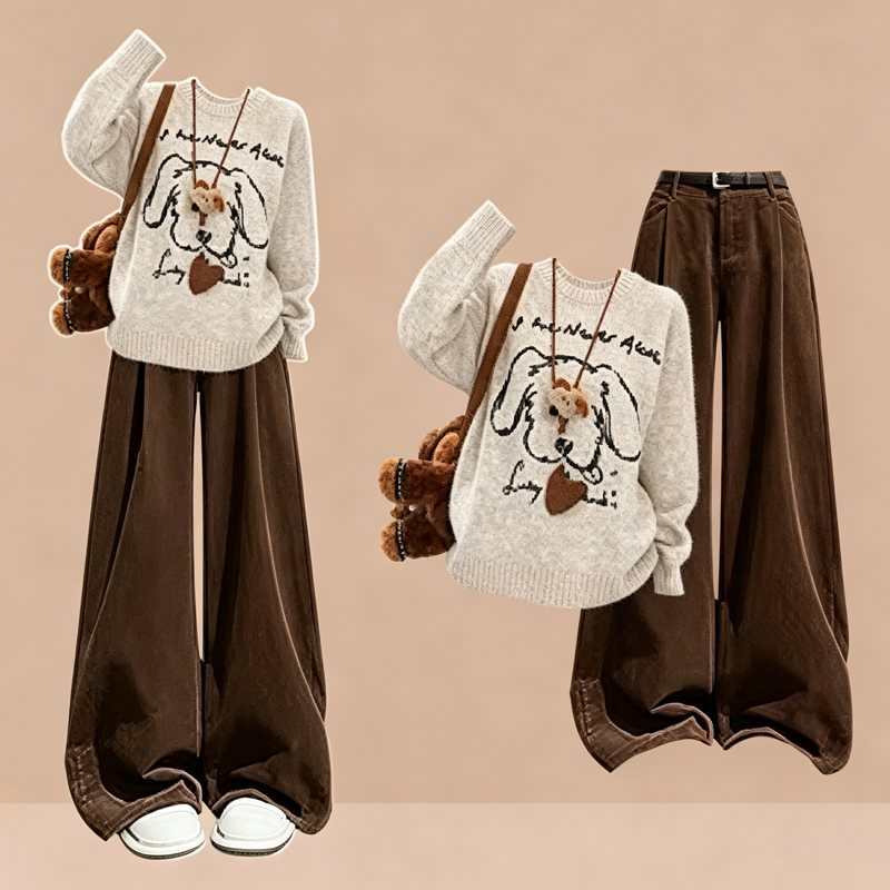 Cute Dog Print Loose Knit Sweater Wide Leg Casual Pants Two Pieces Set - Set - 4XL - image 1