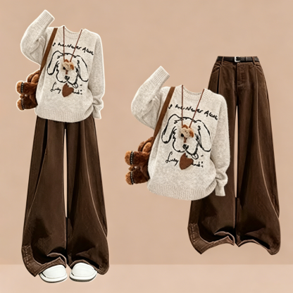 Cute Dog Print Loose Knit Sweater Wide Leg Casual Pants Two Pieces Set - Set - 4XL - image 1