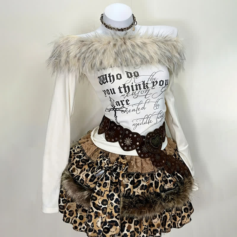 Fur Trim Off Shoulder Top And Leopard Print Layered Skirt Two Pieces Set - Top - L - image 1