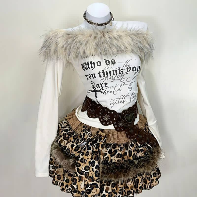 Fur Trim Off Shoulder Top And Leopard Print Layered Skirt Two Pieces Set - Top - L - image 1