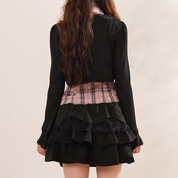Y2K Knit Cover-Up with Plaid Shirt and Tiered Mini Skirt Three Pieces Set - image 9