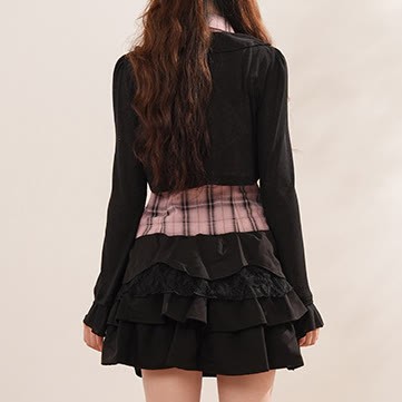 Y2K Knit Cover-Up with Plaid Shirt and Tiered Mini Skirt Three Pieces Set - image 9