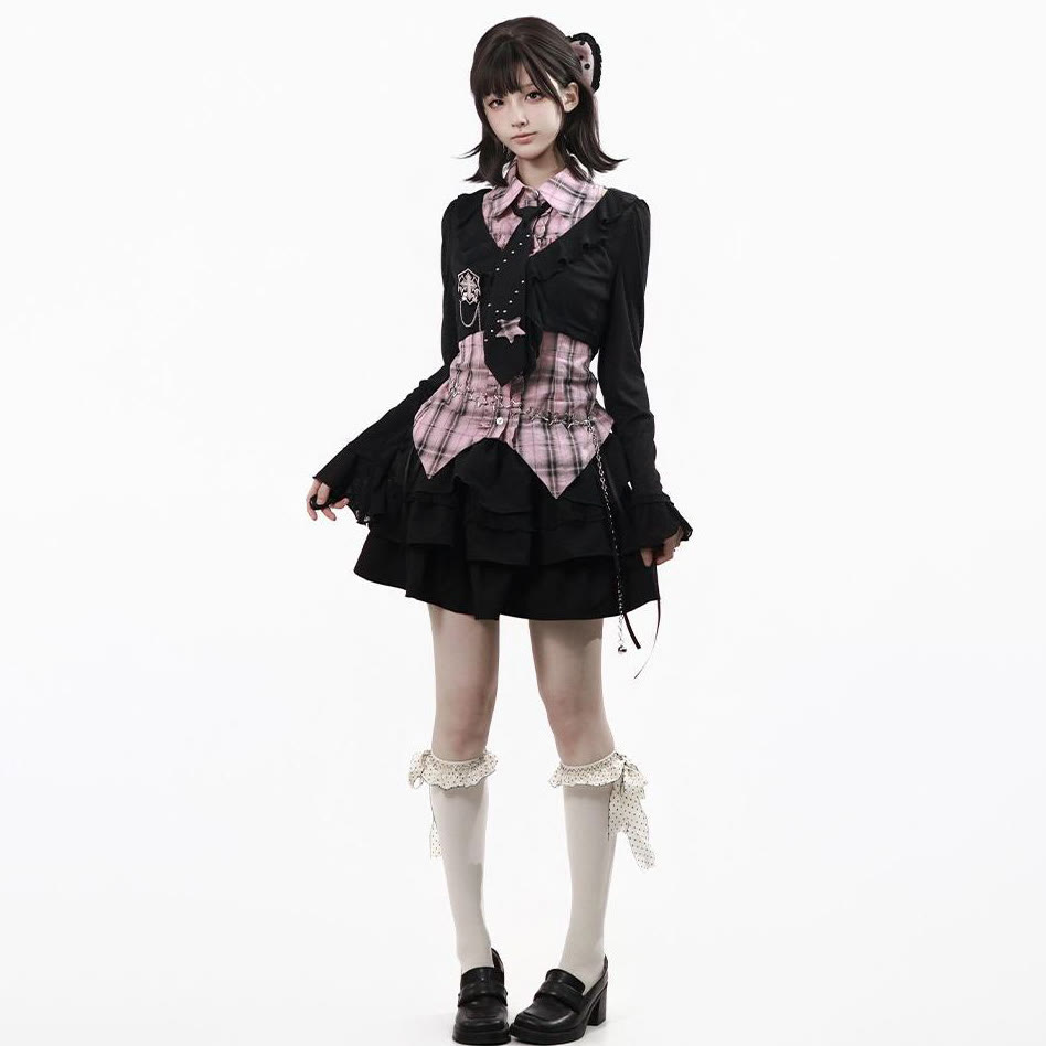 Y2K Knit Cover-Up with Plaid Shirt and Tiered Mini Skirt Three Pieces Set - Pink Shirt - XL - image 4