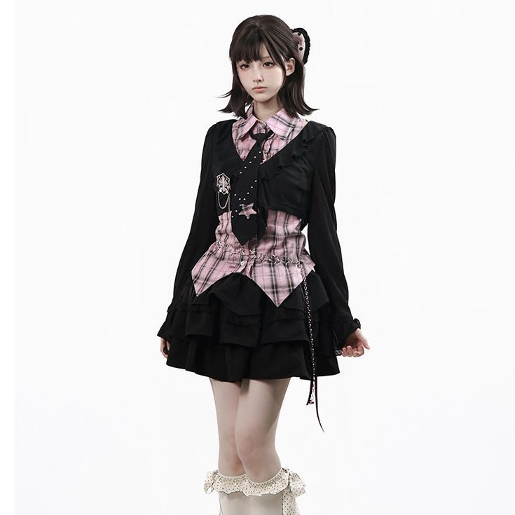 Y2K Knit Cover-Up with Plaid Shirt and Tiered Mini Skirt Three Pieces Set - Black Top - XL - image 3