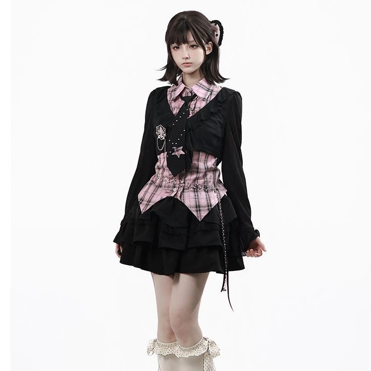 Y2K Knit Cover-Up with Plaid Shirt and Tiered Mini Skirt Three Pieces Set - Black Top - XL - image 3