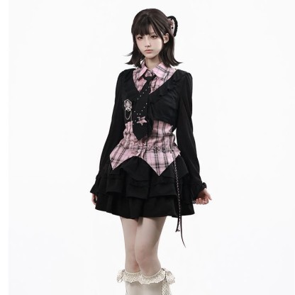 Y2K Knit Cover-Up with Plaid Shirt and Tiered Mini Skirt Three Pieces Set - Black Top - XL - image 3