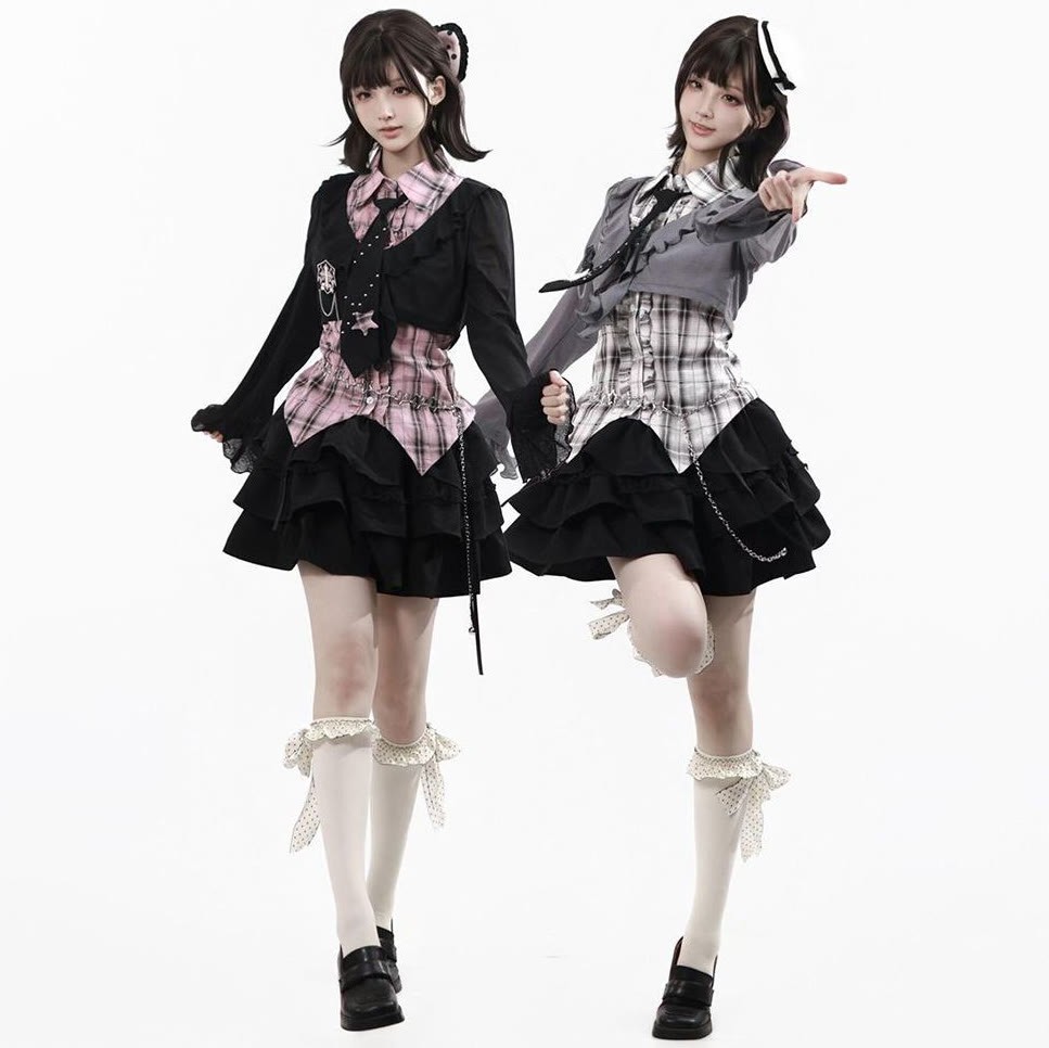 Y2K Knit Cover-Up with Plaid Shirt and Tiered Mini Skirt Three Pieces Set - image 2