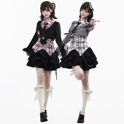 Y2K Knit Cover-Up with Plaid Shirt and Tiered Mini Skirt Three Pieces Set - image 2