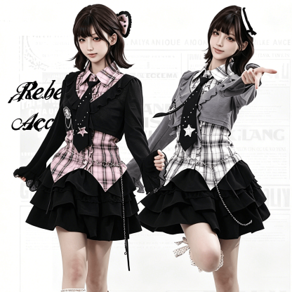 Y2K Knit Cover-Up with Plaid Shirt and Tiered Mini Skirt Three Pieces Set - image 1