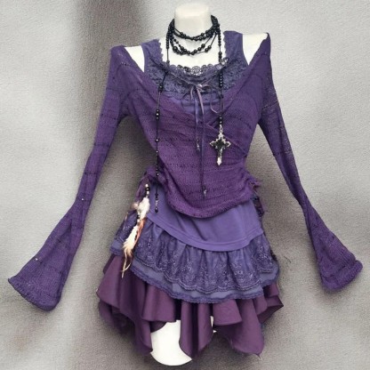 Vintage Purple Cardigan with Lace Cami Top and Mini Skirt Three Pieces Set - Cardigan - XL - image 2