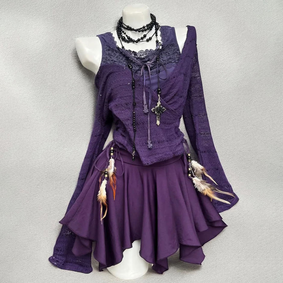 Vintage Purple Cardigan with Lace Cami Top and Mini Skirt Three Pieces Set - image 4