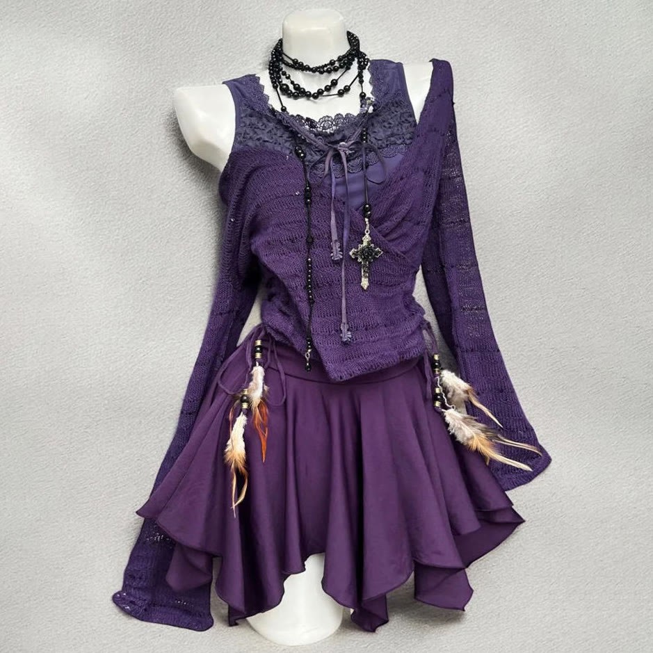 Vintage Purple Cardigan with Lace Cami Top and Mini Skirt Three Pieces Set - image 4