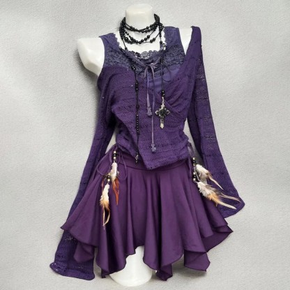 Vintage Purple Cardigan with Lace Cami Top and Mini Skirt Three Pieces Set - image 4