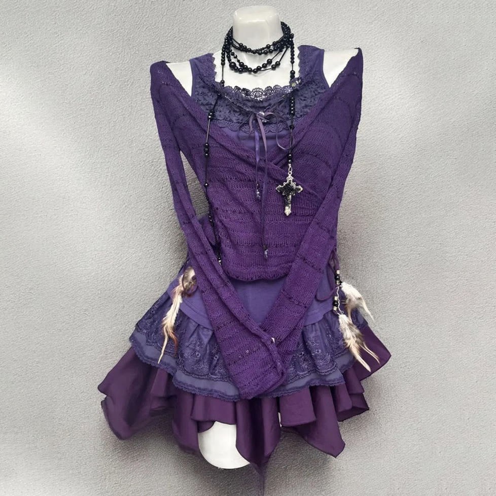 Vintage Purple Cardigan with Lace Cami Top and Mini Skirt Three Pieces Set - image 3