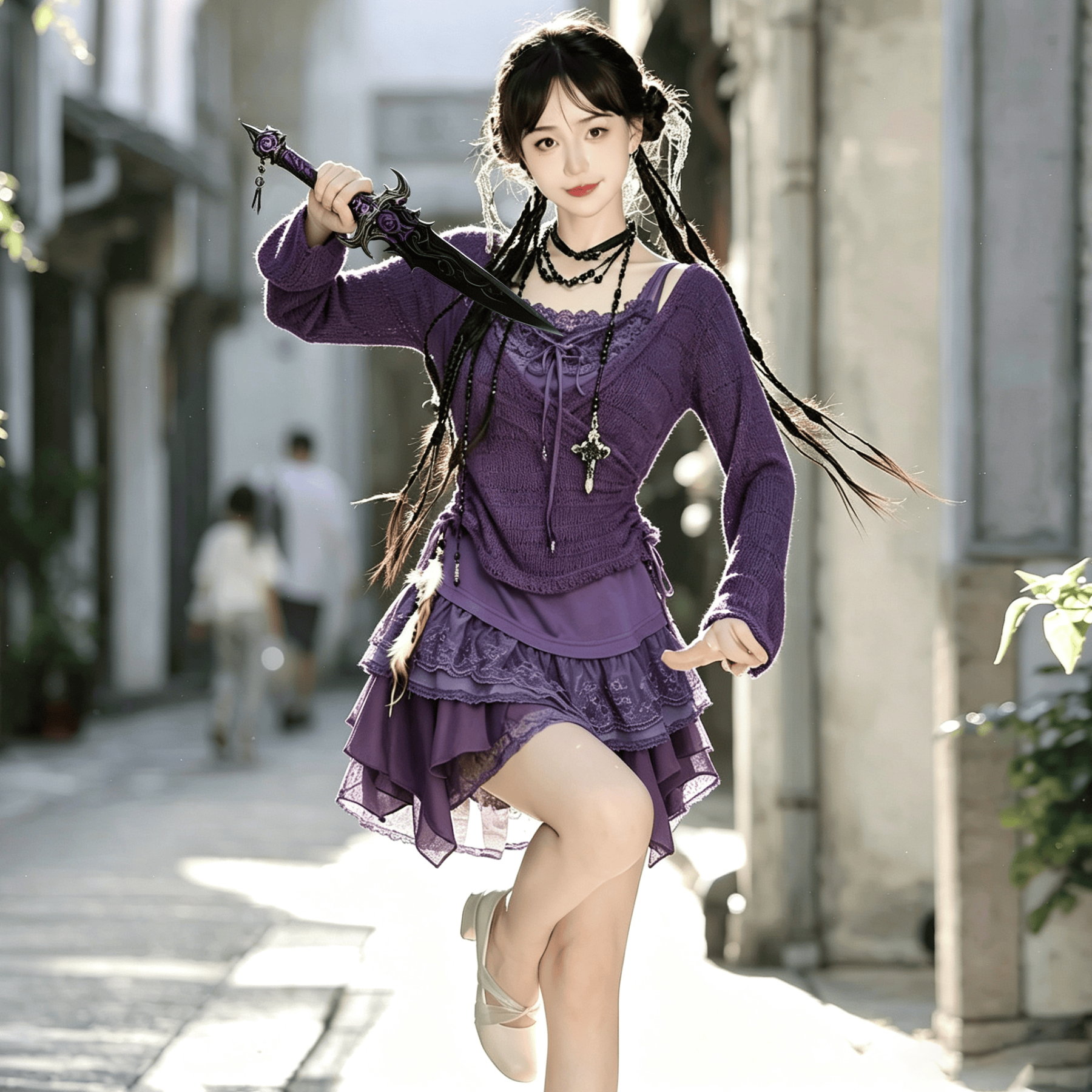 Vintage Purple Cardigan with Lace Cami Top and Mini Skirt Three Pieces Set - Set - XL - image 1
