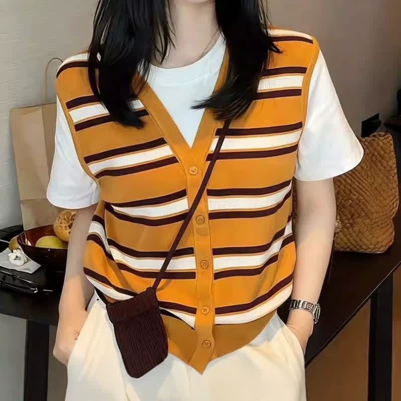 Striped Knit Vest T-shirt Gradient Wide Leg Jeans Two Pieces Set - Top - 3XL - image 2