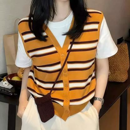 Striped Knit Vest T-shirt Gradient Wide Leg Jeans Two Pieces Set - Top - 3XL - image 2