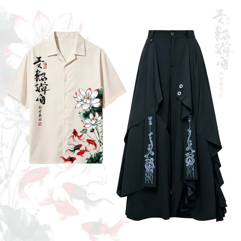 Chinese Ink Lotus Goldfish Print Short Sleeve Shirt Asymmetric Wide Leg Pants  - image 1
