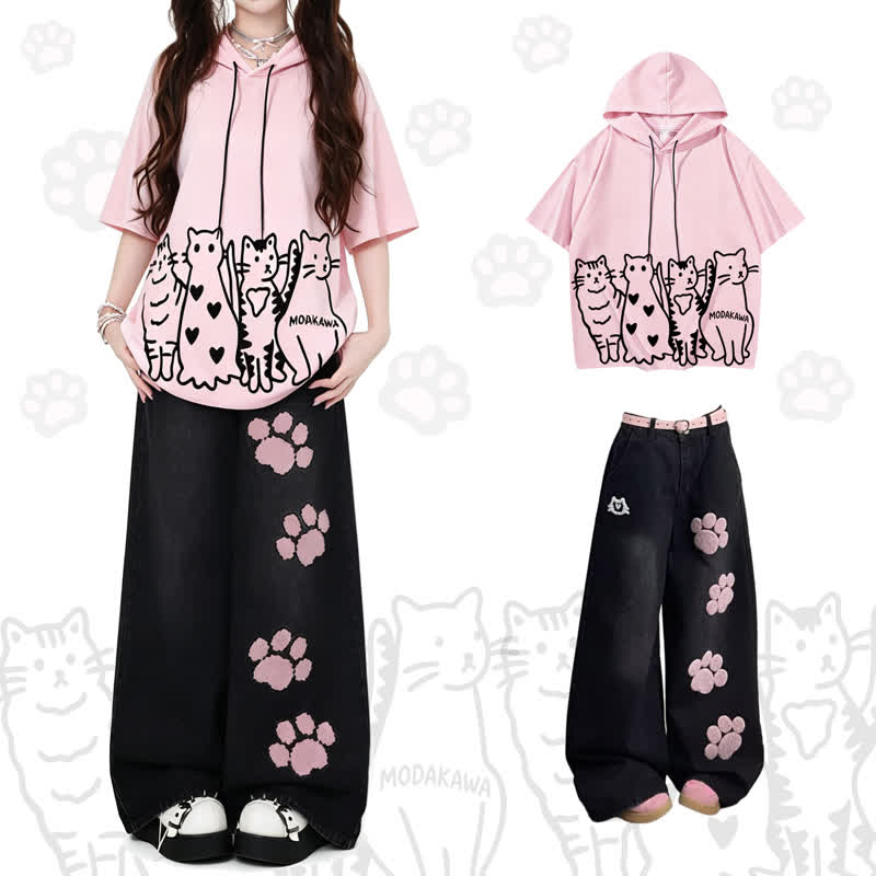MODAKAWA Playful Cat Graphic Short Sleeve Hoodie with Denim Pants - Set - XL - image 1