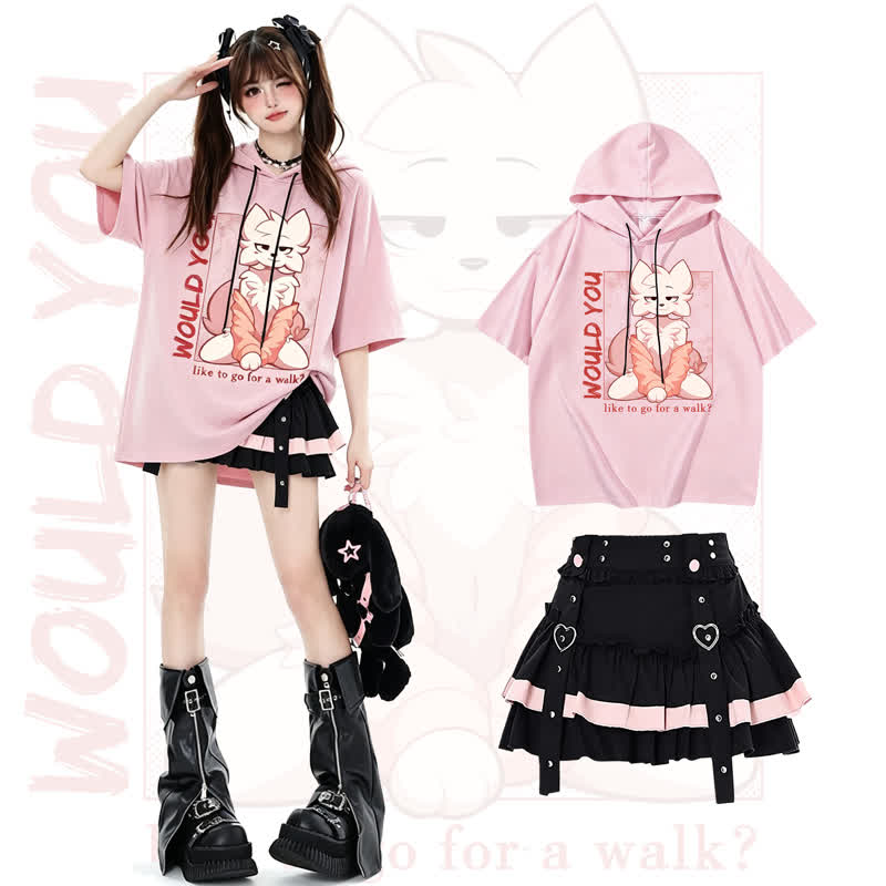 MODAKAWA X zarckets  Anime Fox Graphic Short Sleeve Hoodie with Mini Skirt Two Pieces Set - Set - L - image 1