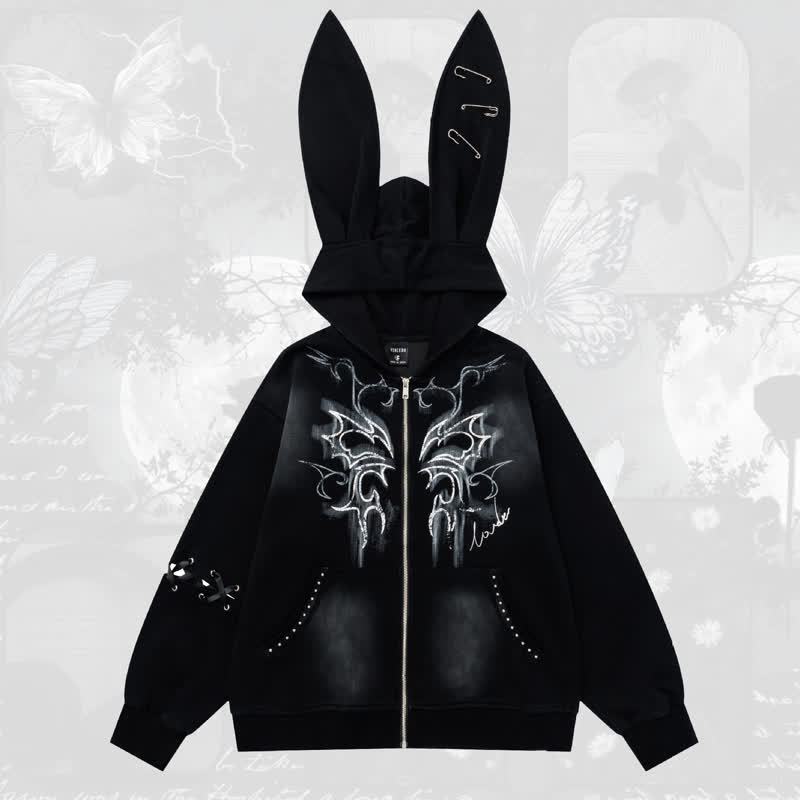 Y2k Sweet Cool Bunny Ear Lined Zip Up Hoodie Sweatshirt - Black - L - image 1