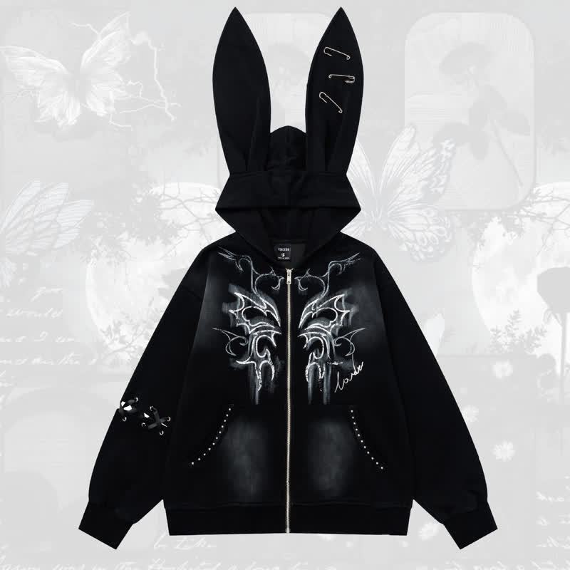 Y2k Sweet Cool Bunny Ear Lined Zip Up Hoodie Sweatshirt - Black - L - image 1