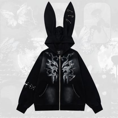 Y2k Sweet Cool Bunny Ear Lined Zip Up Hoodie Sweatshirt - Black - L - image 1
