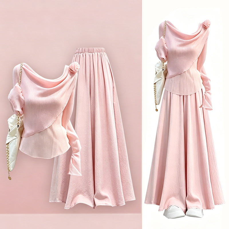 Draped Collar Long Sleeve Top Wide Leg Pants Two Pieces Set - Set - 4XL - image 1