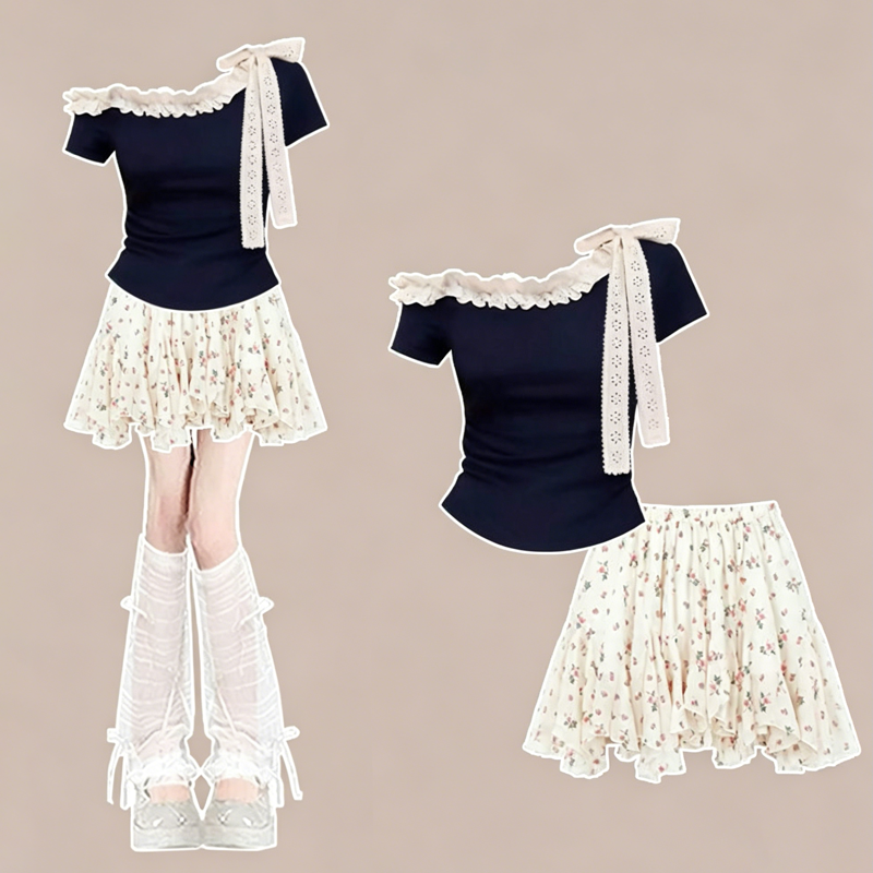 Lace Off Shoulder Short Sleeve Top Ruffled Skirt Two Pieces Set - Set - XL - image 1