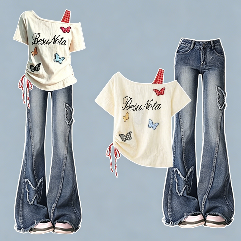 Butterfly Print Off Shoulder Top Flared Jeans Two Pieces Set - Blue Pants+Top - 2XL - image 1