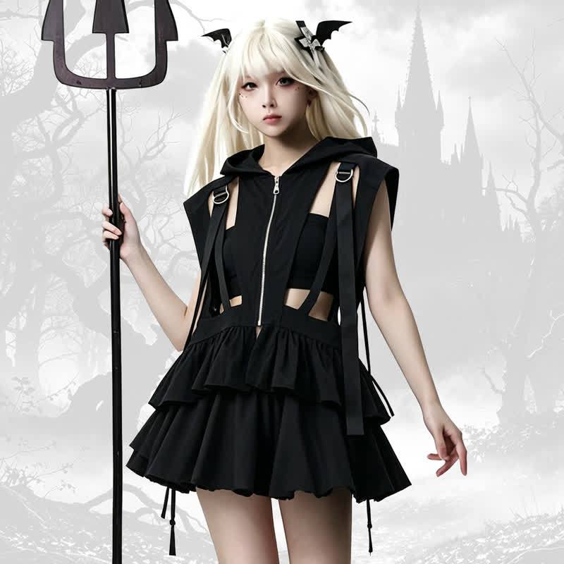 Dark Cut Out Strap Zip Up Hooded Sleeveless Vest - image 1