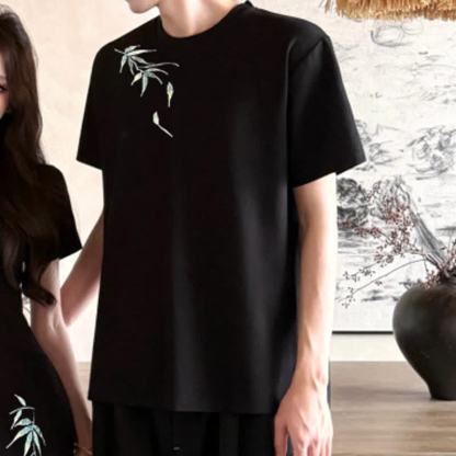 Chinese Style Bamboo Embroidery Dress And Men T-Shirt Couple Matching Set - T-Shirt - 3XL - image 5
