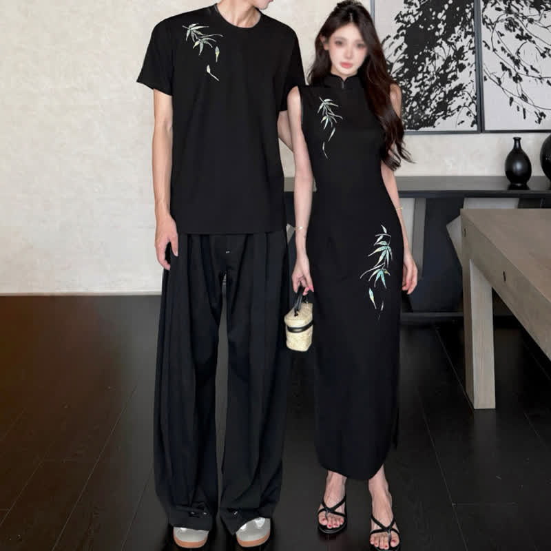 Chinese Style Bamboo Embroidery Dress And Men T-Shirt Couple Matching Set - image 2