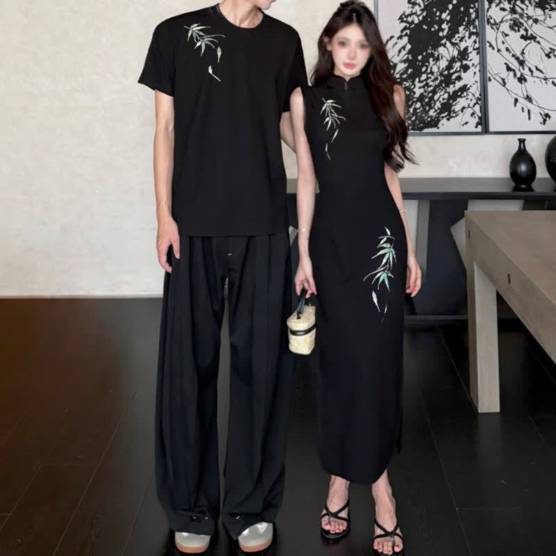Chinese Style Bamboo Embroidery Dress And Men T-Shirt Couple Matching Set - image 2