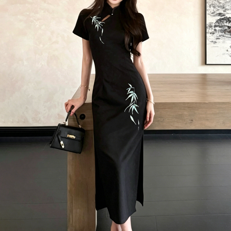 Chinese Style Bamboo Embroidery Dress And Men T-Shirt Couple Matching Set - Short Sleeved Dress - 3XL - image 3