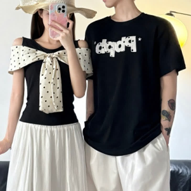 Dot Big Bow off Shoulder Top And BPBP Print T Shirt Couple Matching Set - image 2