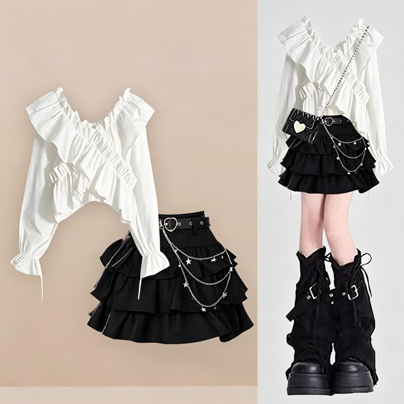 Ruffle Off Shoulder Long Sleeve Top Layered Chain Skirt Two Pieces Set - Set - 3XL - image 1