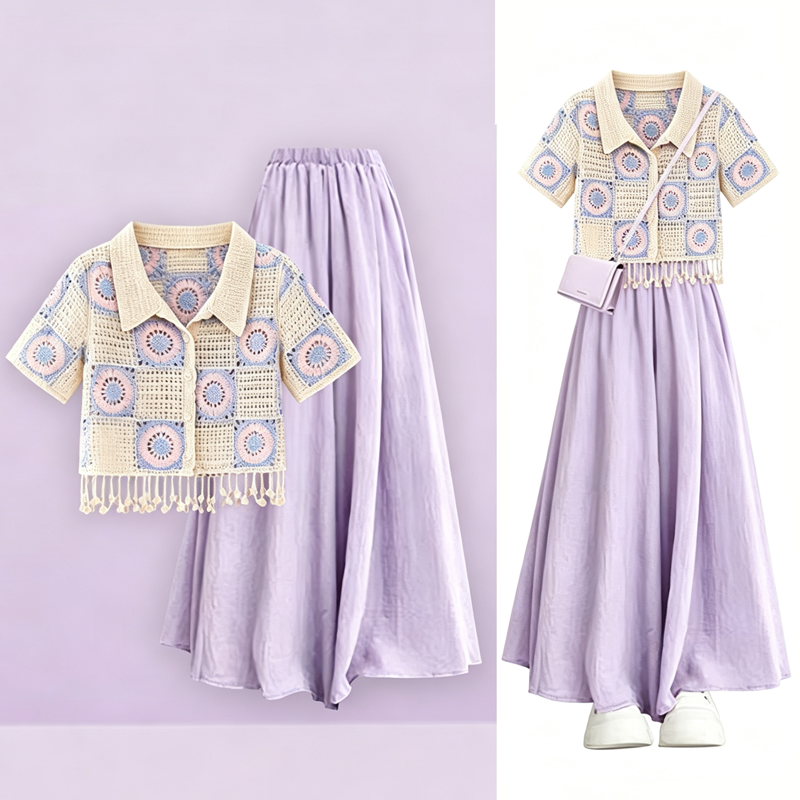 Crochet Tassel Short Sleeve Shirt Solid Color Skirt Two Pieces Set - Set - 4XL - image 1