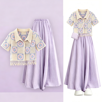 Crochet Tassel Short Sleeve Shirt Solid Color Skirt Two Pieces Set - Set - 4XL - image 1