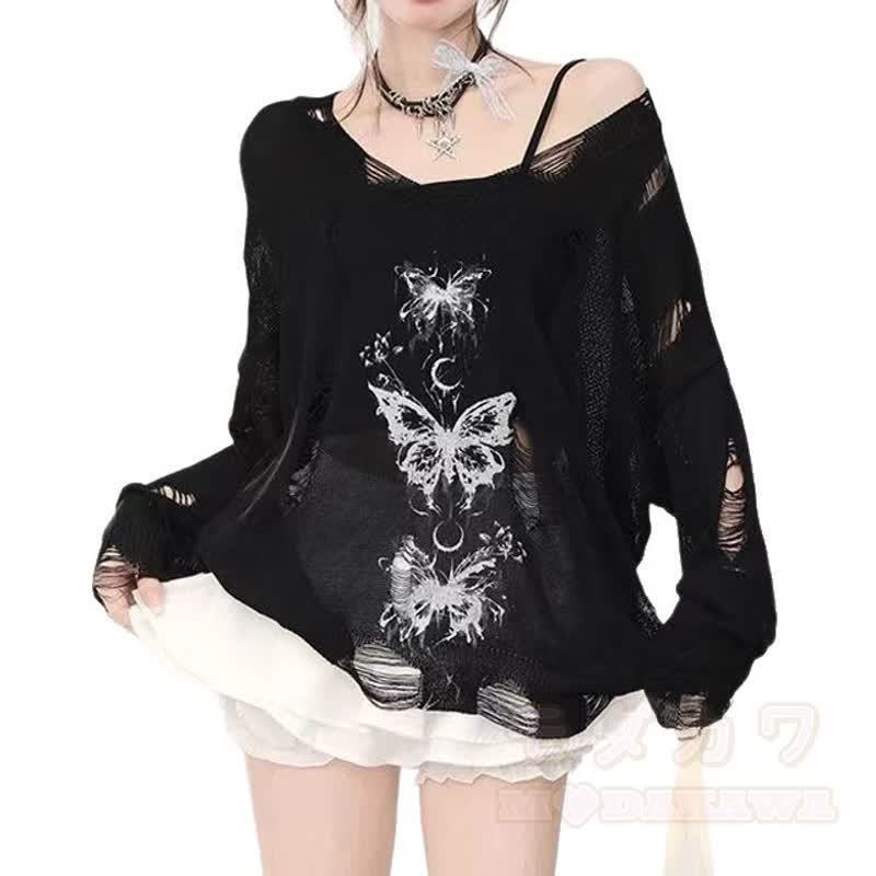 Butterfly Print Distressed Cut Out Off Shoulder Long Sleeve Knit Top - image 5