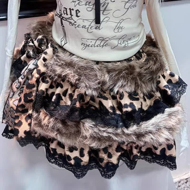Fur Trim Off Shoulder Top And Leopard Print Layered Skirt Two Pieces Set - Skirt - L - image 3