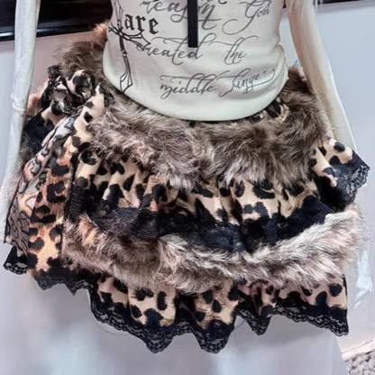 Fur Trim Off Shoulder Top And Leopard Print Layered Skirt Two Pieces Set - Skirt - L - image 3
