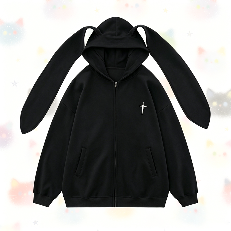 Kawaii Fashion Star Bunny Ear Lined Zip Up Hoodie Sweatshirt - image 1