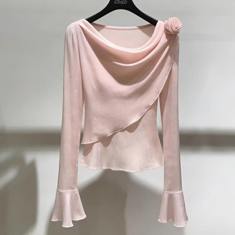 Draped Collar Long Sleeve Top Wide Leg Pants Two Pieces Set - Top - 4XL - image 3