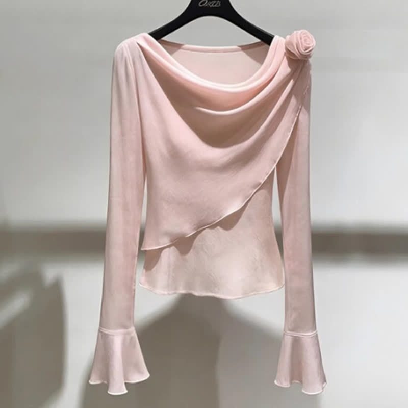 Draped Collar Long Sleeve Top Wide Leg Pants Two Pieces Set - Top - 4XL - image 3