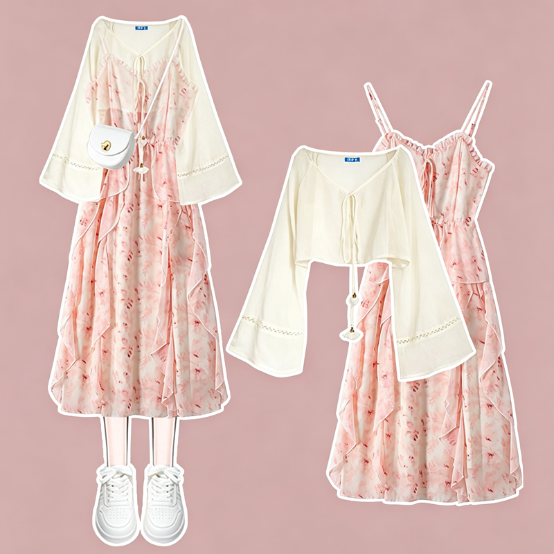 Sweet Flare Sleeve Top Floral Dress Two Pieces Set  - Set - 4XL - image 1