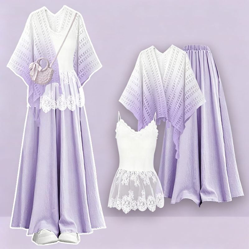 Gradient Hollow Out Shawl Lace Cami Top Wide Leg Pants Three Pieces Set - Purple Set - 4XL - image 1